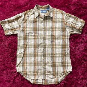 Tan, cream, and orange plaid button down shirt